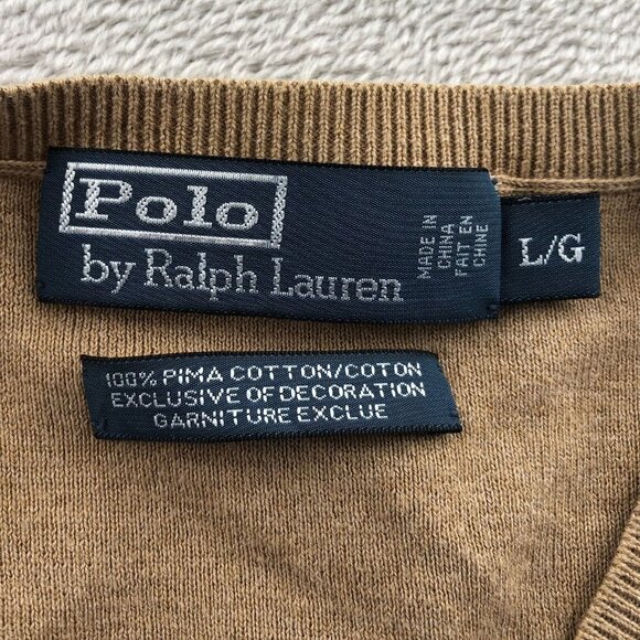 Polo Ralph Lauren Mens Sweater Large V-Neck Pullover Long Sleeve Brown Cotton - Picture 10 of 14